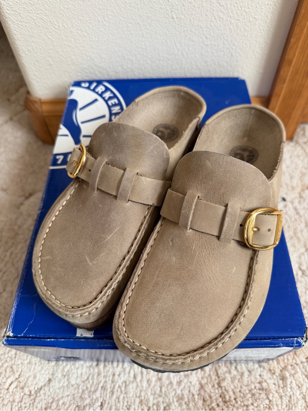 Birkenstock Buckley Taupe Suede Slip-On Clogs with Gold Buckles NWT 36